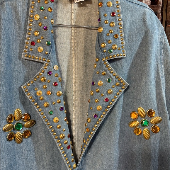 Vintage Marshall Rousso Embellished Denim Duster Coat L Rhinestone Studded - Picture 3 of 10